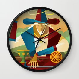 magician juggler with cup, wooden staff, sword and gold tarot card Wall Clock