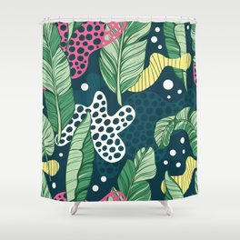 Creative abstract background with banana leaves in trendy colors.  Shower Curtain
