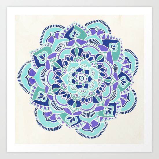 Royal Blue, Teal, Mint & Purple Mandala Flower Art Print