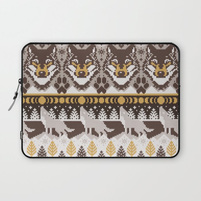 Fair isle knitting grey wolf // oak and taupe brown wolves yellow moons and pine trees Laptop Sleeve