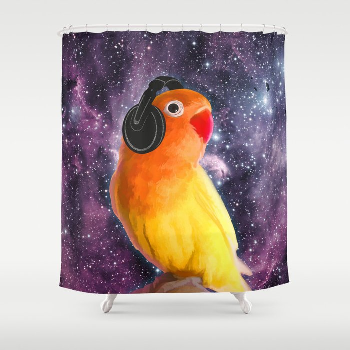 Bird Listening to Music in Outer Space Shower Curtain