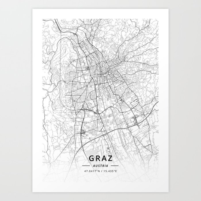 Graz Austria Light Map Art Print By Designermapart Society6