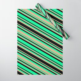 [ Thumbnail: Green, Tan, and Black Colored Striped/Lined Pattern Wrapping Paper ]