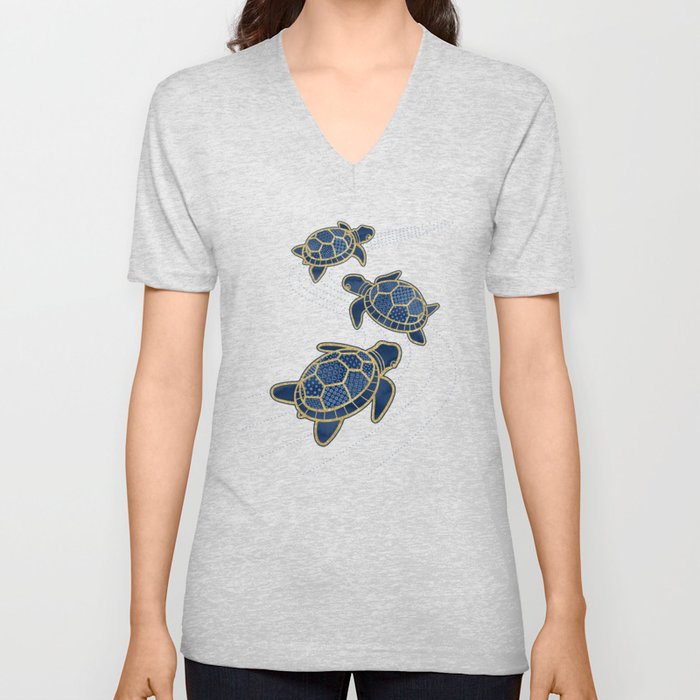 Japanese Pond Turtle / Dark Blue V Neck T Shirt