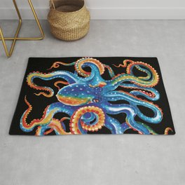 Octopus Colorful Tentacles On Black Area & Throw Rug