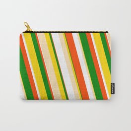 [ Thumbnail: Eye-catching Yellow, Beige, White, Red & Green Colored Pattern of Stripes Carry-All Pouch ]