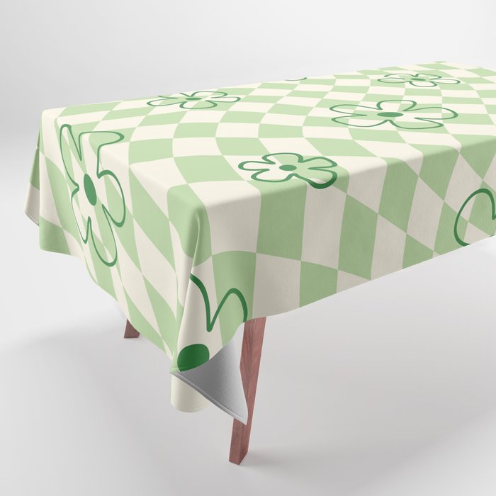 Green Checker Swirl With Flowers Tablecloth