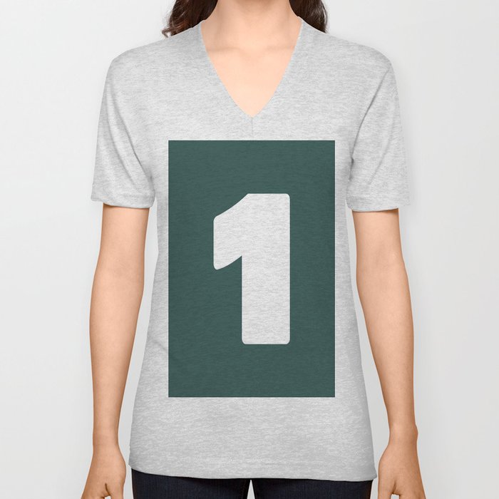 1 (White & Dark Green Number) V Neck T Shirt