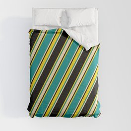 [ Thumbnail: Dark Cyan, Beige, Black, and Yellow Colored Lines/Stripes Pattern Comforter ]
