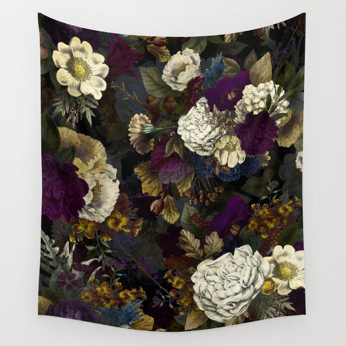 Dutch Vintage Midnight Flower Garden  Wall Tapestry