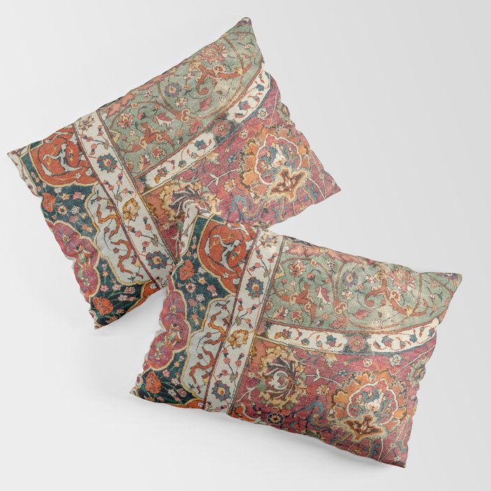 Persian Medallion Rug II // 16th Century Distressed Red Green Blue Flowery Colorful Ornate Pattern Pillow Sham