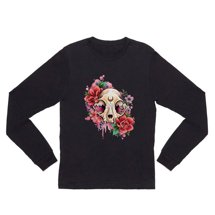 Neo Traditional Cat Skull and Roses Long Sleeve T Shirt