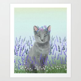 Russian Blue Cat in Lavender Field Art Print | Florals, Sleepingcat, Flowers, Cat, Petportrait, Cutecat, Independentartist, Beautiful, Cutepet, Greycat 