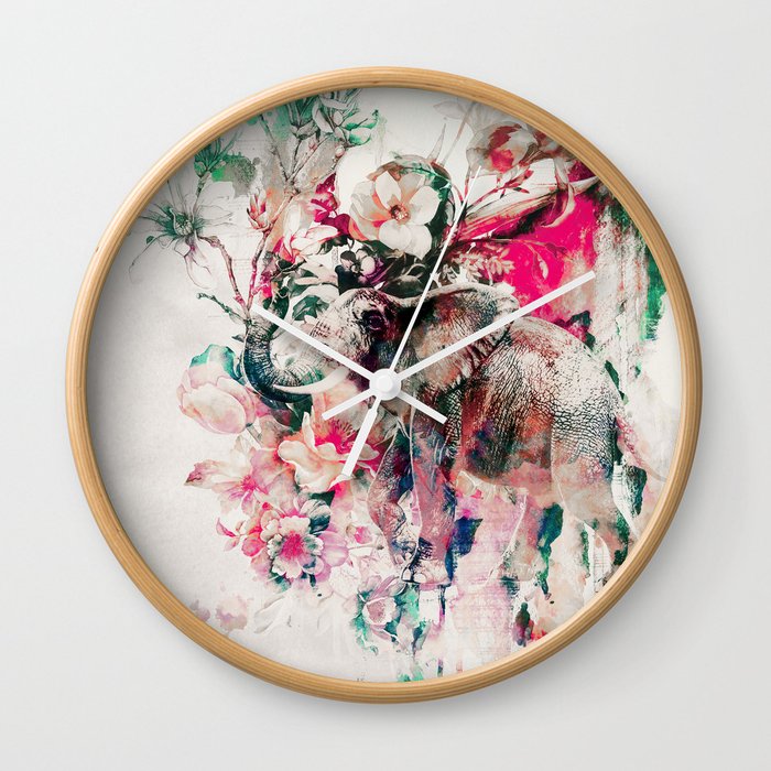 Watercolor Elephant and Flowers Wall Clock
