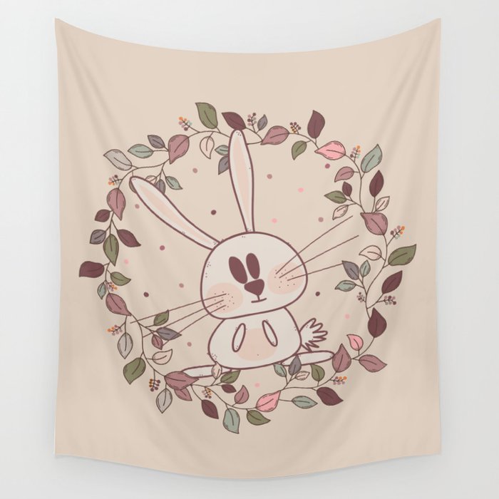Adorable rabbits with autumn leaves and berries in pink colors Wall Tapestry