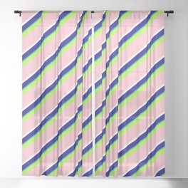 [ Thumbnail: Vibrant Light Green, Pink, White, Blue & Light Sea Green Colored Lined/Striped Pattern Sheer Curtain ]