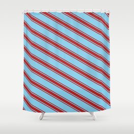 [ Thumbnail: Sky Blue & Red Colored Stripes Pattern Shower Curtain ]