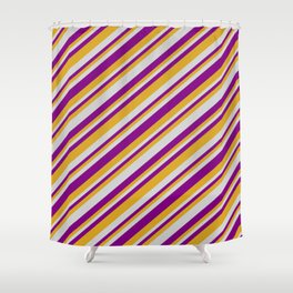 [ Thumbnail: Light Gray, Purple & Goldenrod Colored Lines Pattern Shower Curtain ]