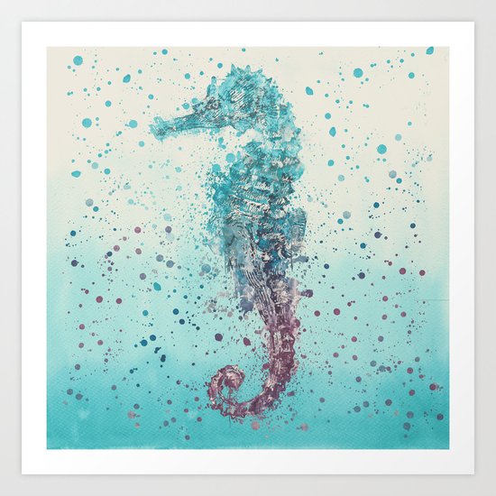 Seahorse marine life turquoise watercolor art Art Print