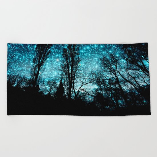 black trees teal space Beach Towel