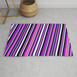 [ Thumbnail: Dark Violet, Hot Pink, Midnight Blue, Light Cyan & Black Colored Lined/Striped Pattern Rug ]