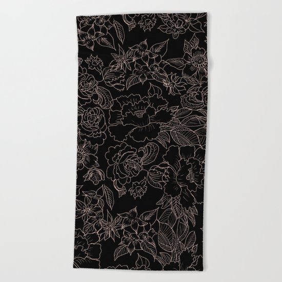 Pink coral tan black floral illustration pattern Beach Towel