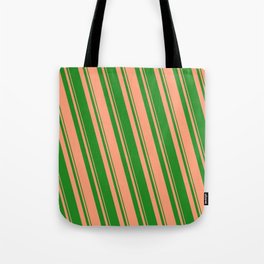 [ Thumbnail: Forest Green & Light Salmon Colored Lined/Striped Pattern Tote Bag ]