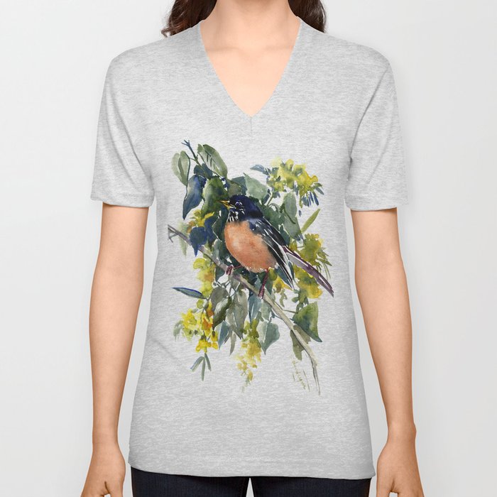 American Robin on Linden Tree, Deep blue Cottage Woodland style design V Neck T Shirt