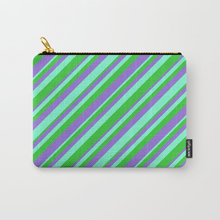 Aquamarine, Lime Green, and Purple Colored Striped/Lined Pattern Carry-All Pouch