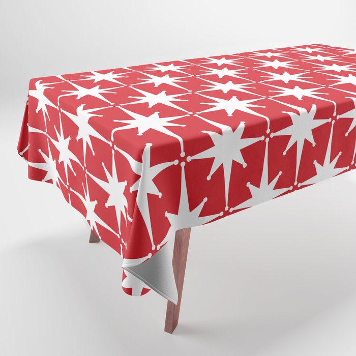 Midcentury Modern Atomic Starburst Pattern in Red and White Tablecloth