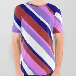 [ Thumbnail: Colorful Blue, Brown, Violet, Purple & White Colored Striped Pattern All Over Graphic Tee ]