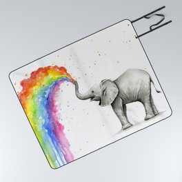 Baby Elephant Spraying Rainbow Picnic Blanket