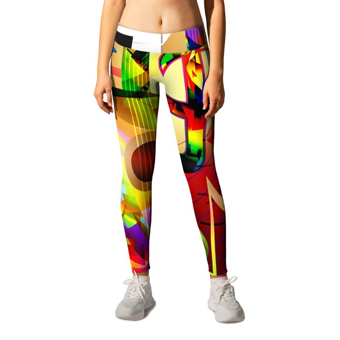 Colorful  music instruments painting, guitar, treble clef, piano, musical notes, flying birds Leggings