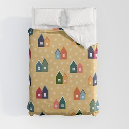 Snowy Christmas Village on Yellow Duvet Cover