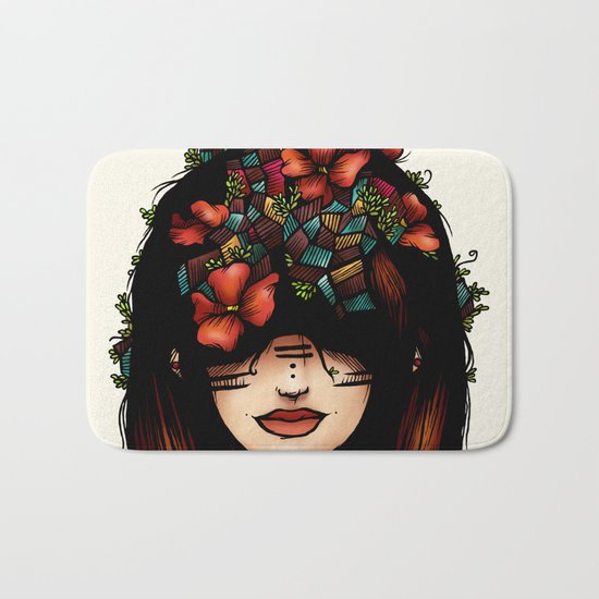 The girl who was thinking about geometry & red flowers Bath Mat