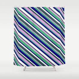 [ Thumbnail: Vibrant Dark Slate Gray, Plum, Sea Green, Blue & White Colored Stripes Pattern Shower Curtain ]