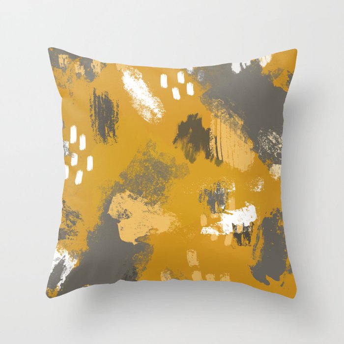 Painterly Brush Strokes in Mustard + Grey Throw Pillow