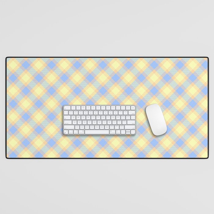 Pastel Blue Yellow and Orange Diagonal Buffalo Plaid Desk Mat