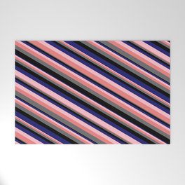 [ Thumbnail: Eye-catching Pink, Light Coral, Dim Grey, Black, and Midnight Blue Colored Stripes Pattern Welcome Mat ]