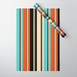 [ Thumbnail: Red, Black, Tan & Turquoise Colored Lined/Striped Pattern Wrapping Paper ]