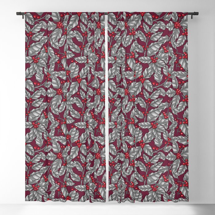 Holly berry, gray leaves on dark red Blackout Curtain