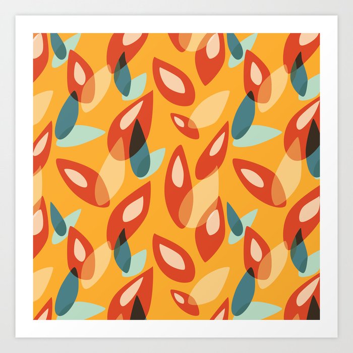 Orange Blue Yellow Abstract Autumn Leaves Pattern Art Print By