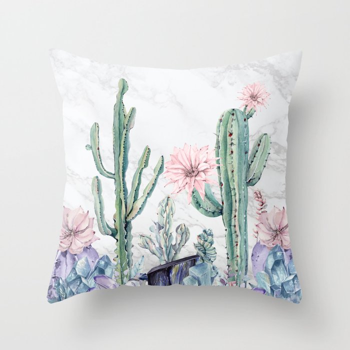 Desert Cactus Succulents + Gemstones on Marble Throw Pillow