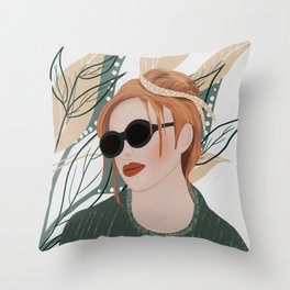 Girl with sunglasses on green leafy background  Throw Pillow