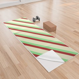 [ Thumbnail: Light Green, Red, and Light Yellow Colored Lined/Striped Pattern Yoga Towel ]