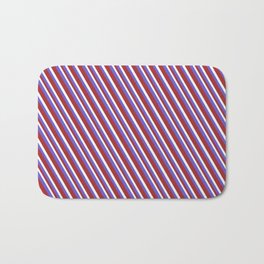 [ Thumbnail: Slate Blue, Brown & Mint Cream Colored Lines/Stripes Pattern Bath Mat ]