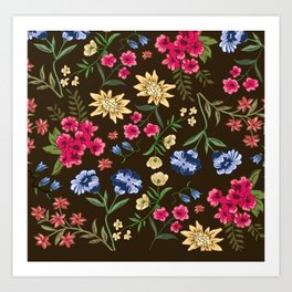 Spring floral pattern, with bluebells, poppies, sunflowers, in a liberty style Art Print