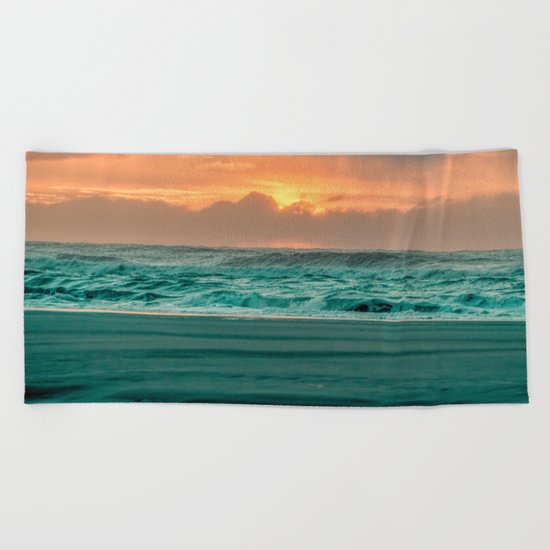 Turquoise Ocean Pink Sunset Beach Towel