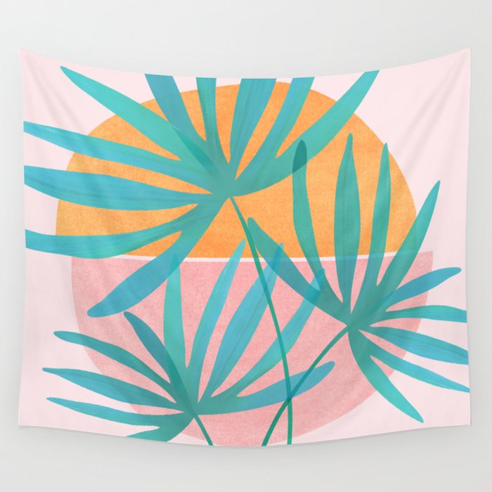Teal and Pink Retro Sunset Palms Wall Tapestry