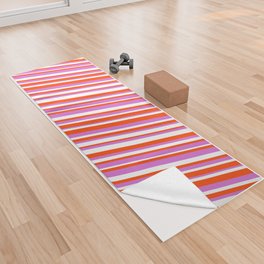 [ Thumbnail: Red, Orchid & White Colored Lined/Striped Pattern Yoga Towel ]